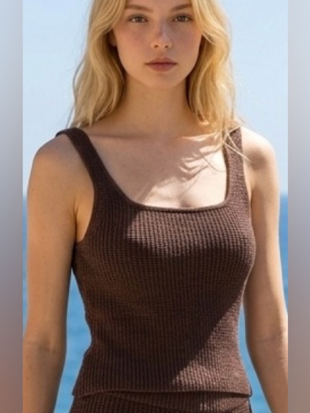Babaton Aritzia Brown Ribbed Knit Square Neck Tank Top Sleeveless Size S